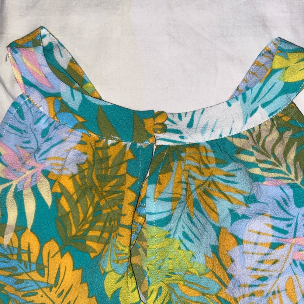 Rose & Olive Teal Tropical Print Tank Top with Yellow & Pink Leaves - Picture 8 of 11